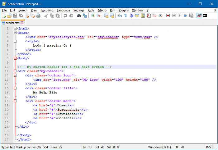 The HTML Code of the Custom Header Written in Notepad++