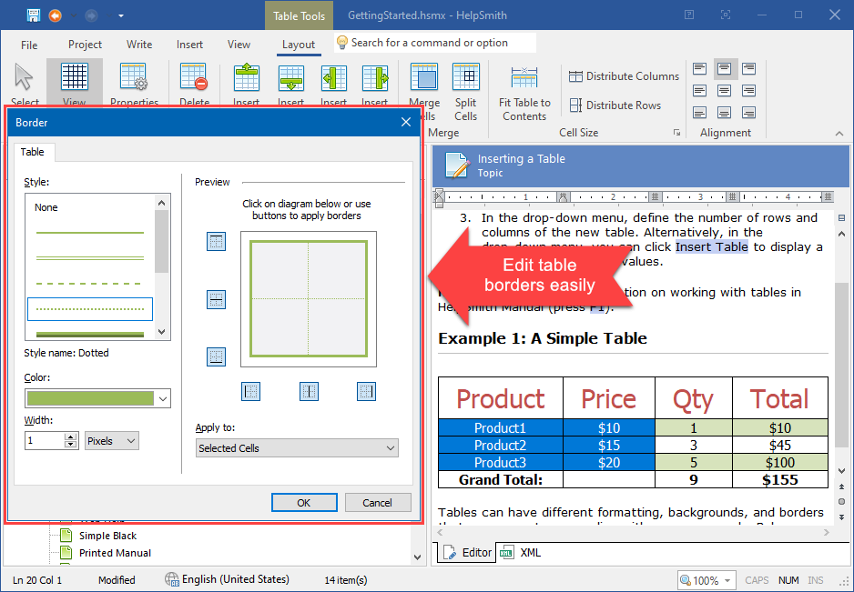 Editing Borders of a Table in the HelpSmith's Topic Editor