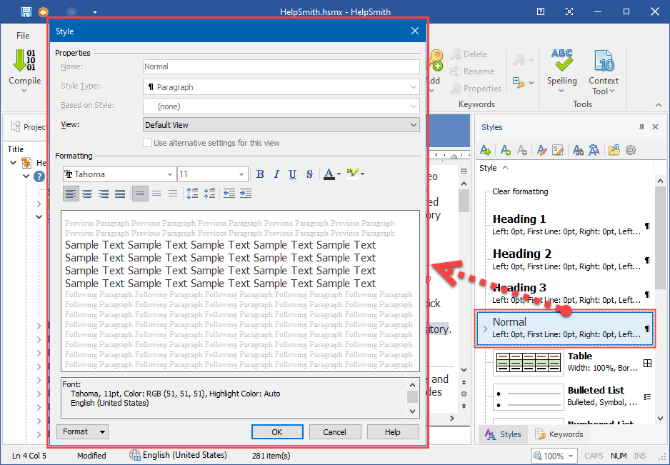 Editing Settings of the Normal Style