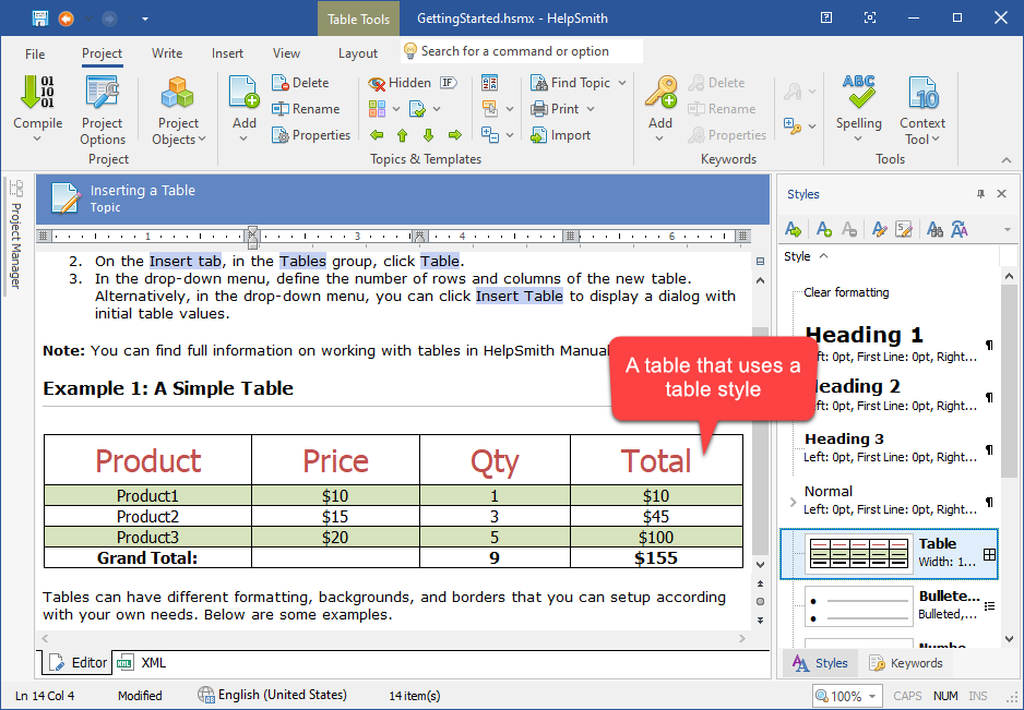 A Table Using a Table Style in the Topic Editor